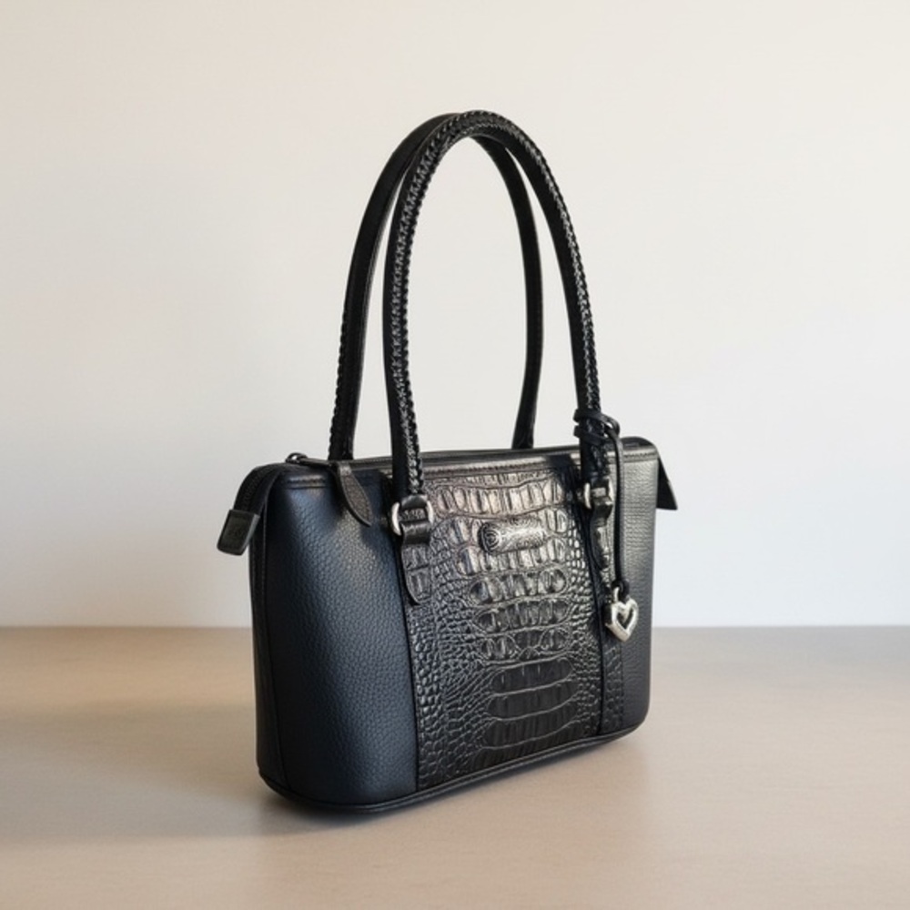 ✨Brighton Black Croc Embossed Leather Tote Heart Charm Plaid Lined Shoulder Bag✨